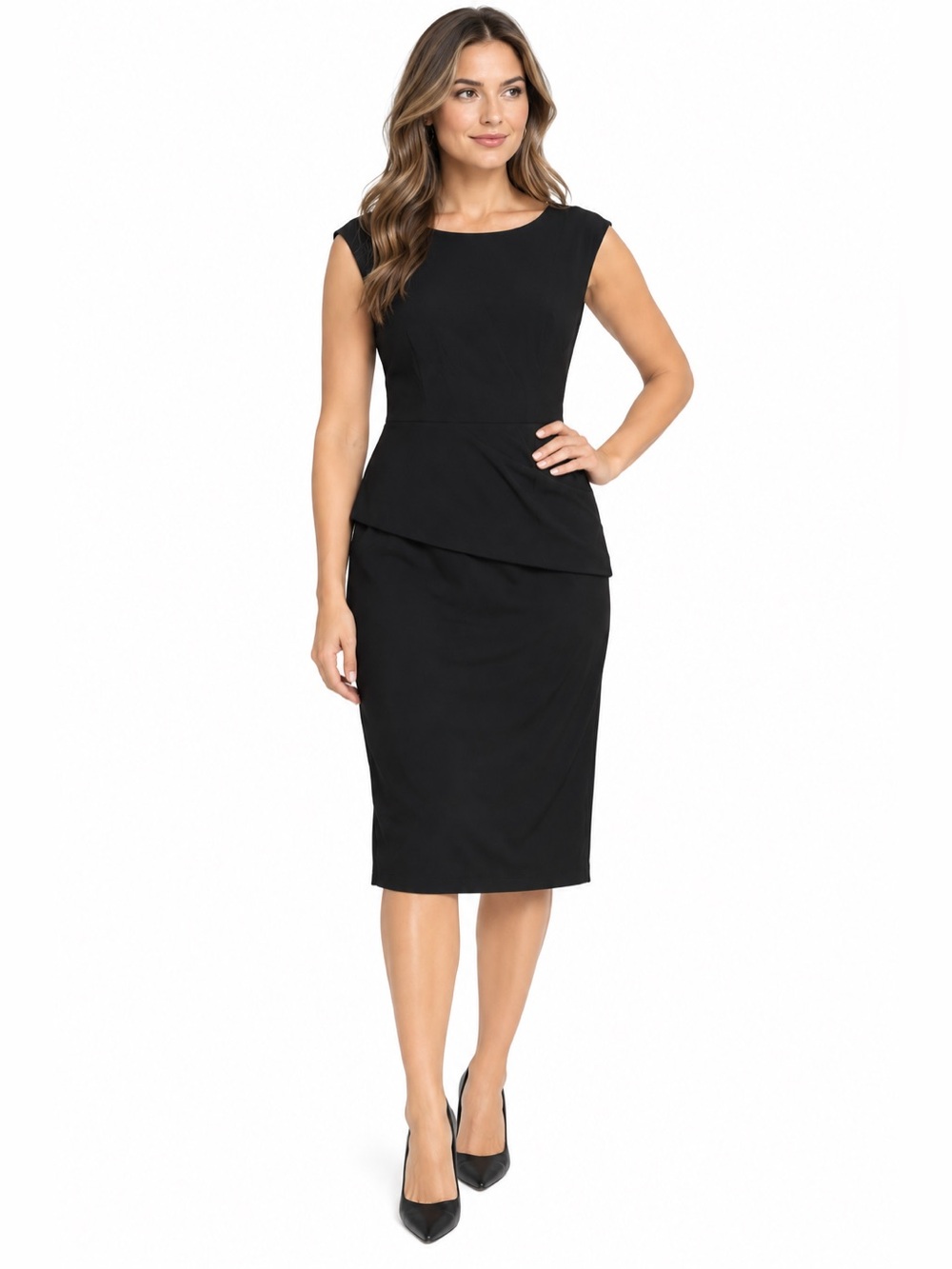 White House Black Market Womens 8 Black Sheath Dress Ruched Waist Career Midi